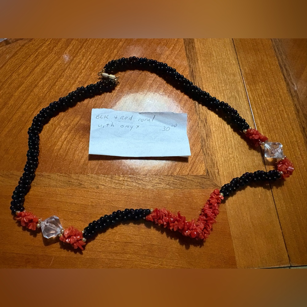Elegant Black, Red Coral and Onyx Necklace